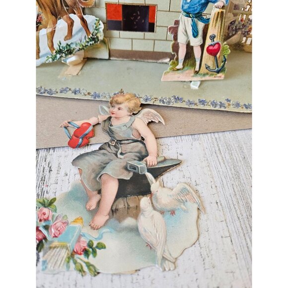 Antique Valentine 3D die cut card dog girl boy Germany cardboard‎ cutout - Picture 2 of 11